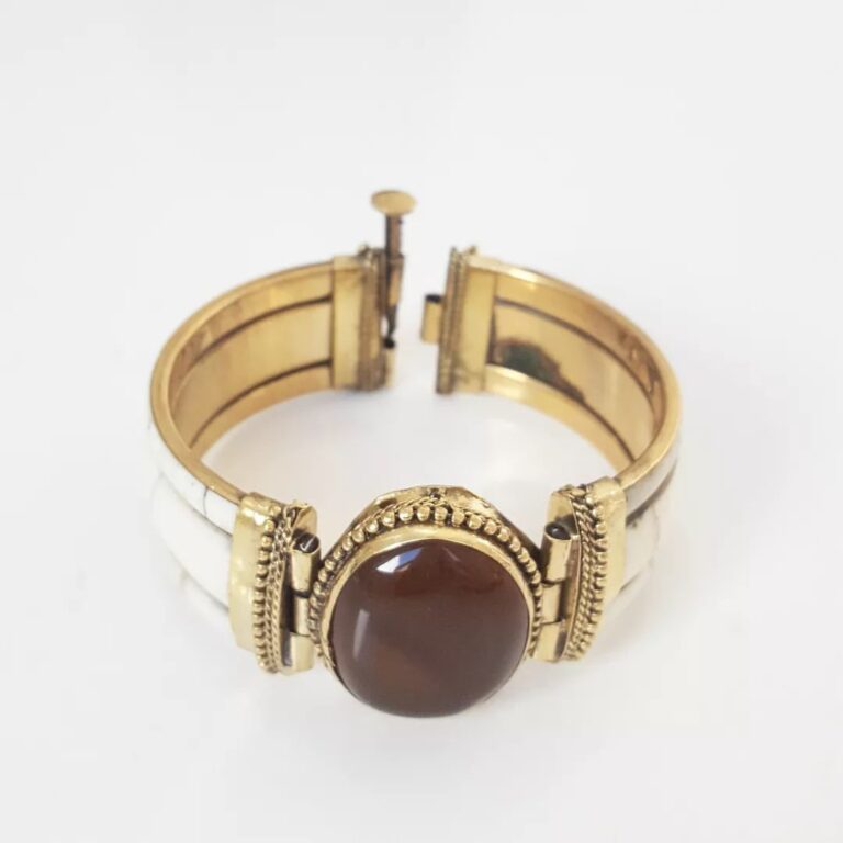 Pulseira Tibetana Larga Osso Pedra Mineral Ágata Mel Fecho Pino