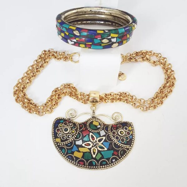 Conjunto Tibetano 3 Pulseiras + Colar Tibetano Caquinho Cerâmica Colorida