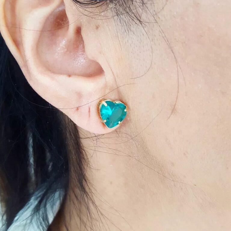Brincos Banho Ouro Pingente Coração Lapidado Verde Esmeralda