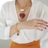 Pulseira Pedra Mineral Jaspe Avermelhada Coração Banho Ouro