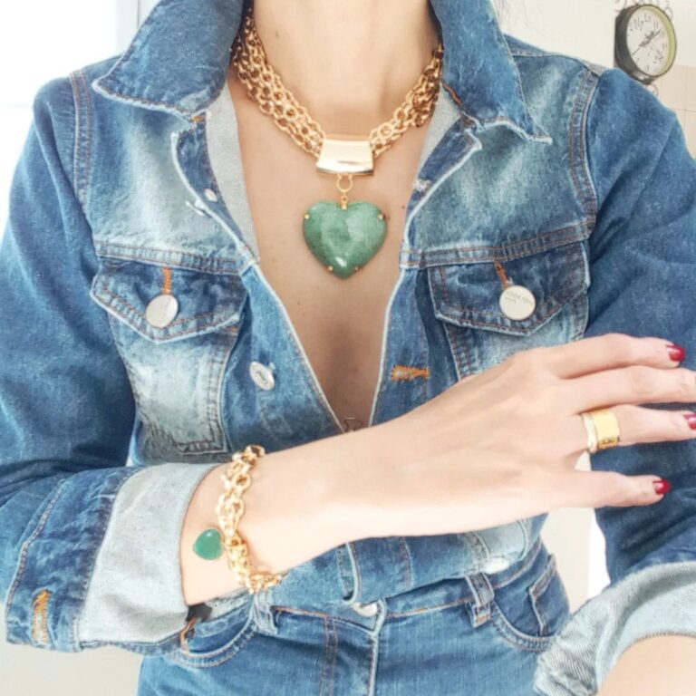 Conjunto Colar + Pulseira Pedra Quartzo Verde Coração Pulseira Banho Ouro