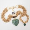 8990a Conjunto Colar + Pulseira Pedra Quartzo Verde Coração Pulseira Banho Ouro