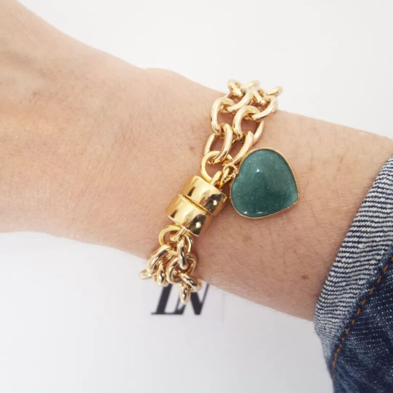 Pulseira Pedra Mineral Quartzo Verde Coração Banho Ouro Elo Cadeado