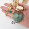 8990f Conjunto Colar + Pulseira Pedra Quartzo Verde Coração Pulseira Banho Ouro