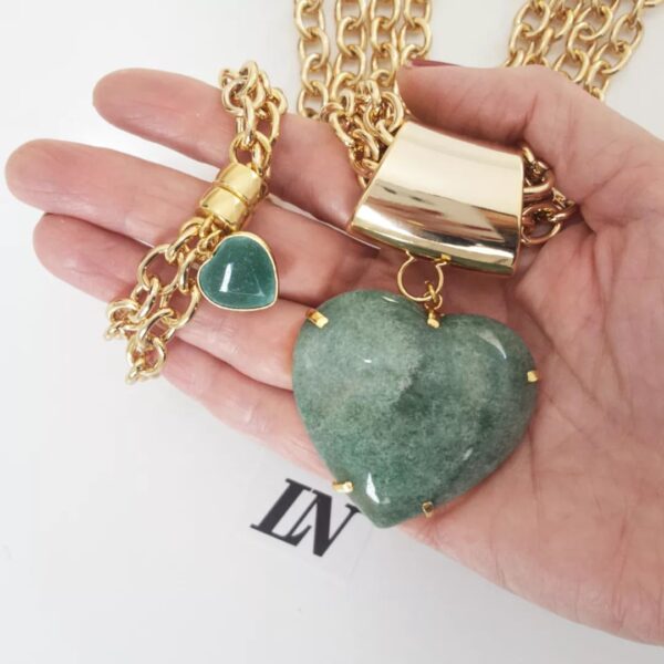 8990f Conjunto Colar + Pulseira Pedra Quartzo Verde Coração Pulseira Banho Ouro