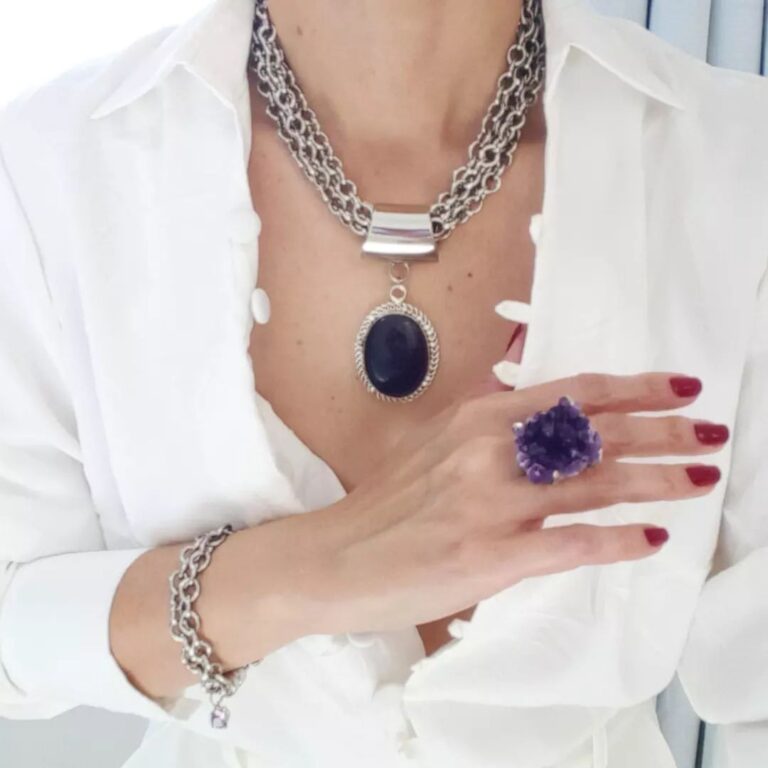 Conjunto Ametista Banho Prateado Elo Cadeado Colar + Pulseira + Anel
