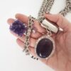 Conjunto Ametista Banho Prateado Elo Cadeado Colar + Pulseira + Anel
