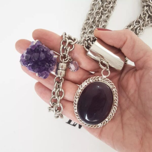 Conjunto Ametista Banho Prateado Elo Cadeado Colar + Pulseira + Anel