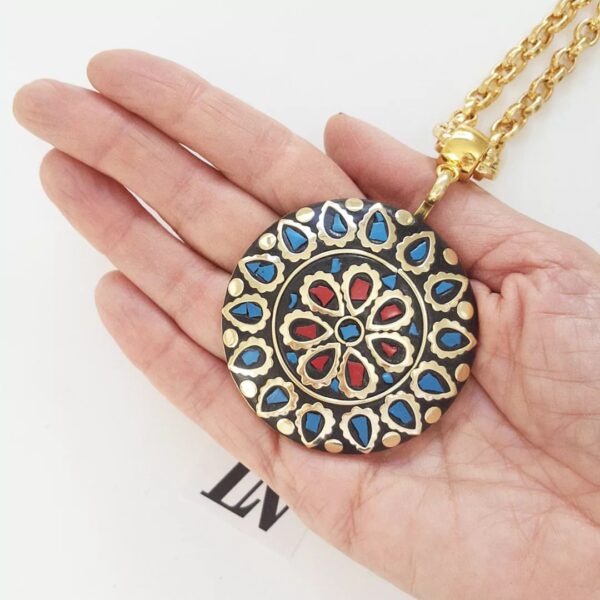 8993e Colar Tibetano Importado Caquinho Cerâmica Azul e Vermelha