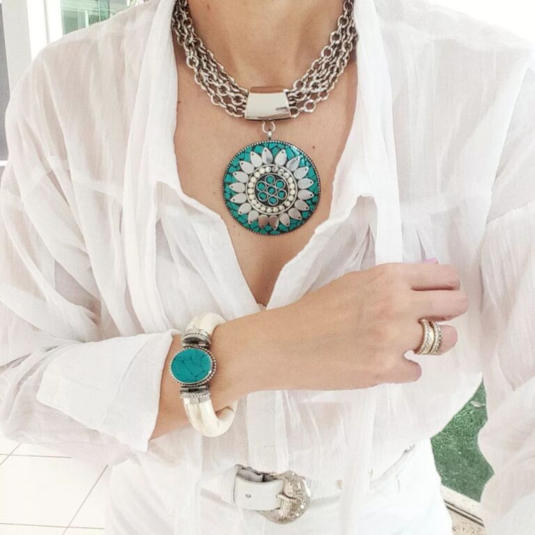 Conjunto Tibetano Prateado Pulseira Osso + Colar Cerâmica Turquesa