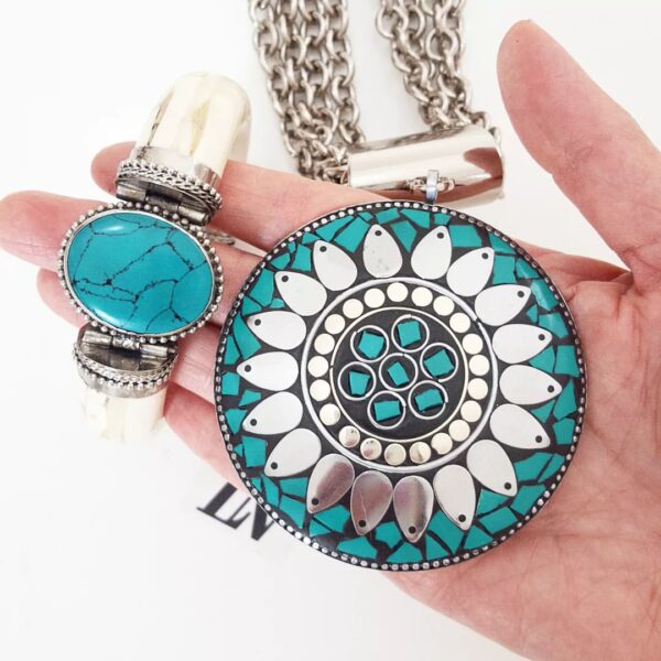 Conjunto Tibetano Prateado Pulseira Osso + Colar Cerâmica Turquesa