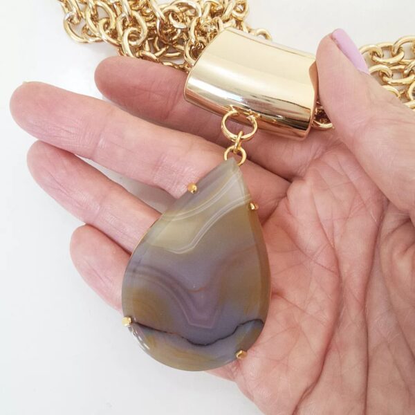 Colar Pedra Ágata Rajada 4 Voltas Elo Cadeado Banho Ouro
