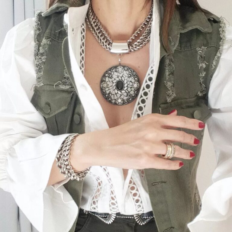 Conjunto Tibetano Prateado Pulseira + Colar Cerâmica Branca