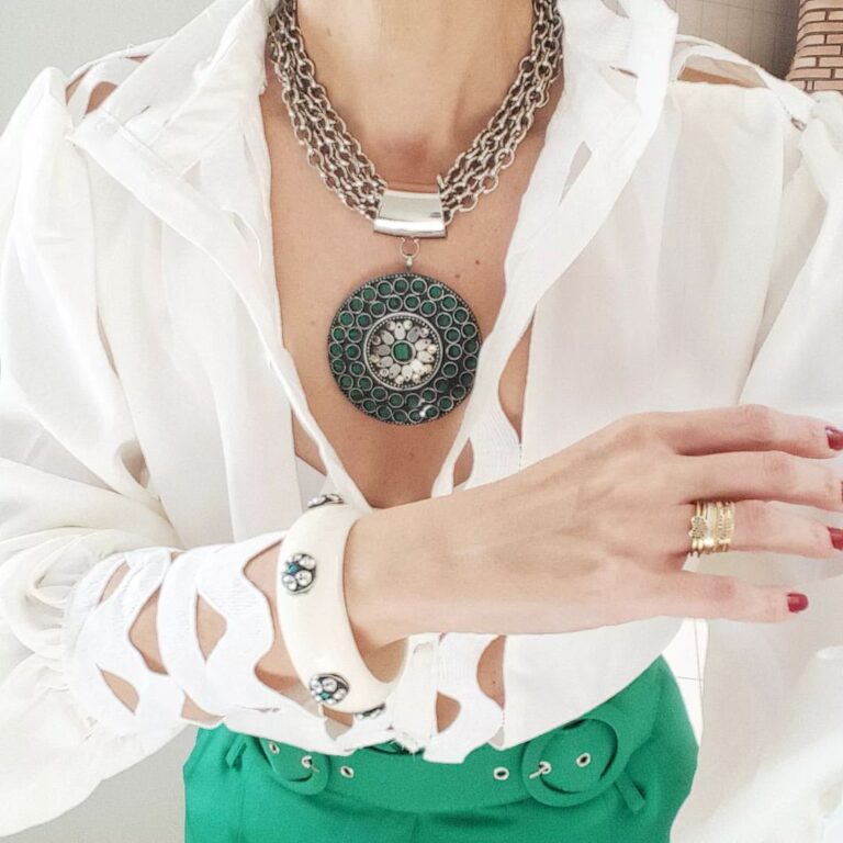 Conjunto Tibetano Prateado Pulseira Osso + Colar Cerâmica Turquesa