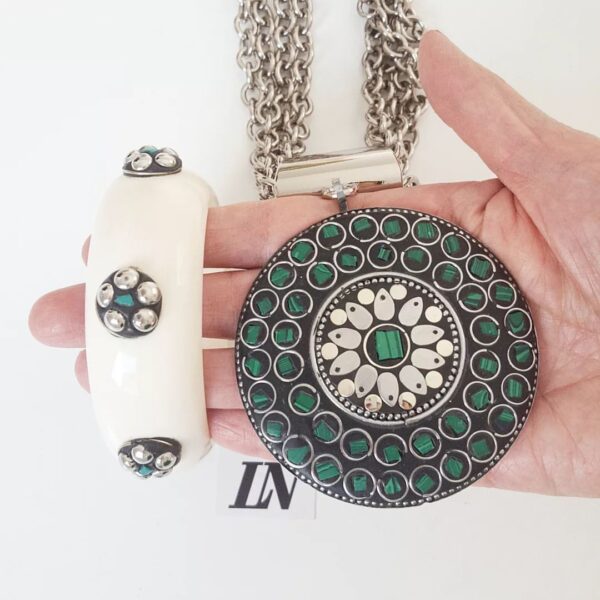 Conjunto Tibetano Prateado Pulseira Osso + Colar Cerâmica Turquesa