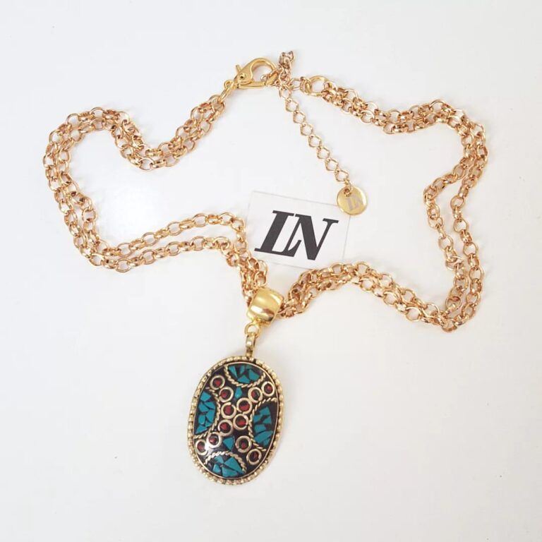 Colar Tibetano Oval Caquinho Cerâmica Turquesa