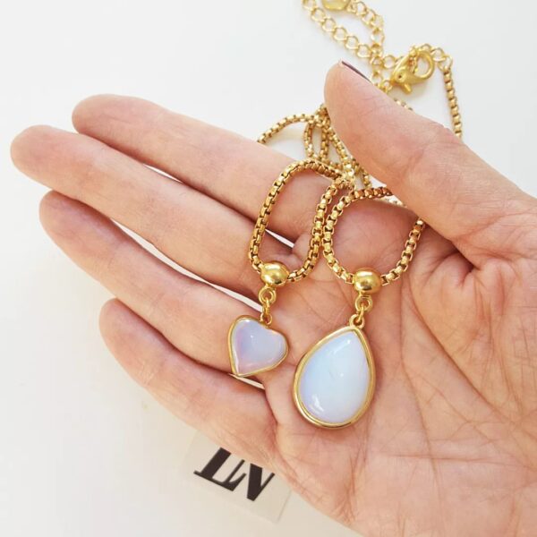 9904f Conjunto 3 Colares Combinados Pedra da Lua Banho Ouro Elo Meia Cana