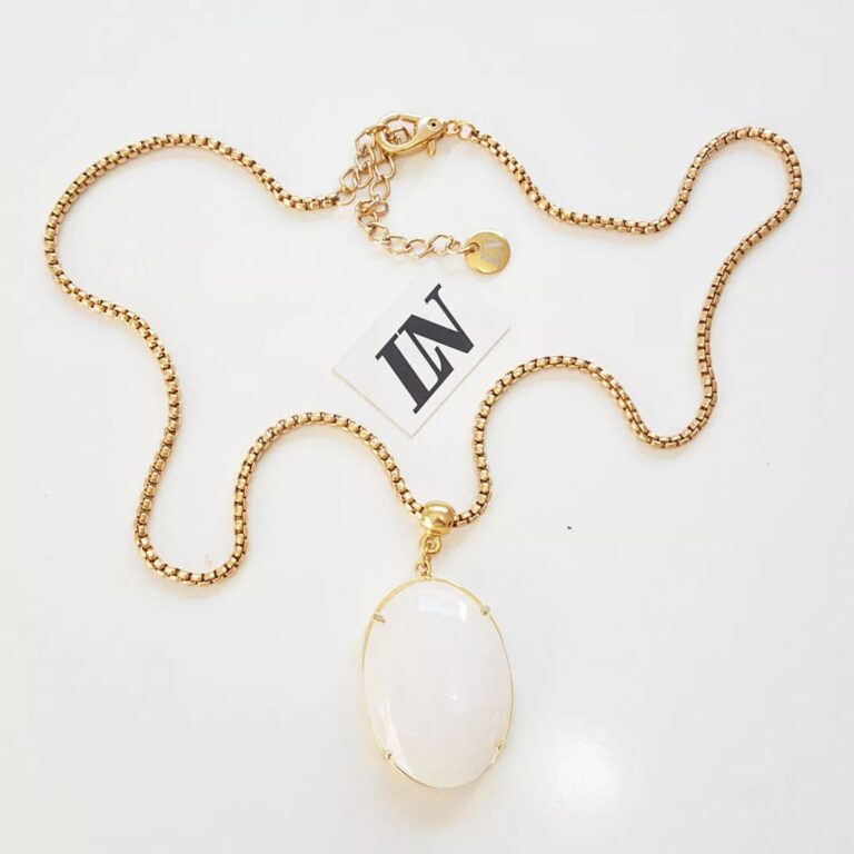 Colar Oval Quartzo Branco Banho Ouro Elo Meia Cana Aço