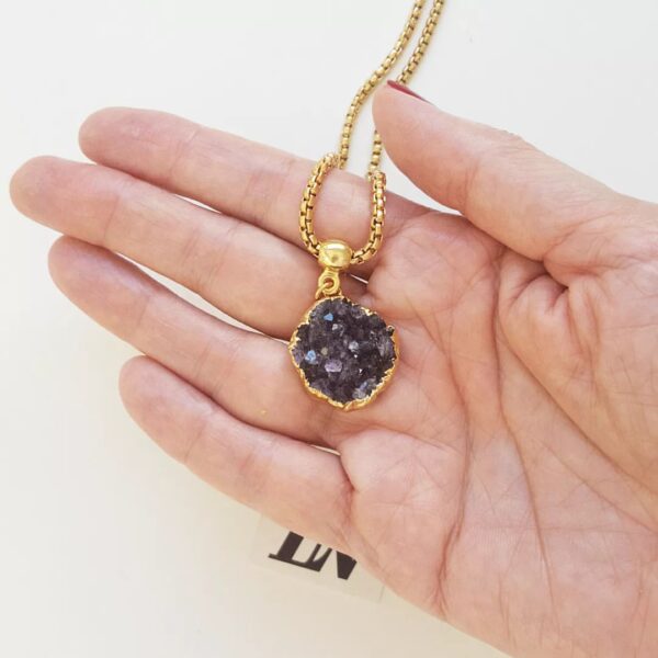 Colar Choker Drusa Ametista Lilás Banho Ouro Elo Meia Cana