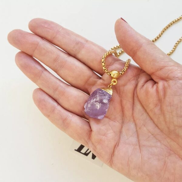 9906g Colar Ametista Bruta Lilás Banho Ouro Elo Meia Cana Aço