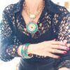Conjunto 3 Pulseiras Tibetanas Rígida Larga Caquinho Cerâmica Turquesa