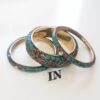 Conjunto 3 Pulseiras Tibetanas Rígida Larga Caquinho Cerâmica Turquesa