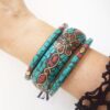 Conjunto 3 Pulseiras Tibetanas Rígida Larga Caquinho Cerâmica Turquesa
