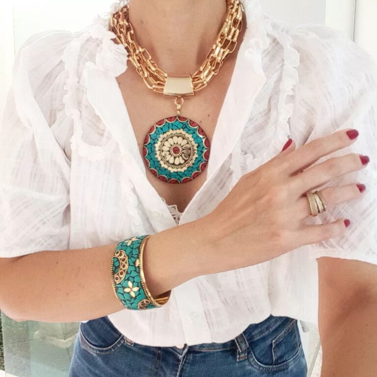 Conjunto Colar e Pulseira Tibetanos Caquinho Cerâmica Turquesa