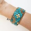 Pulseira Tibetana Caquinho Cerâmica Turquesa Detalhes Dourados