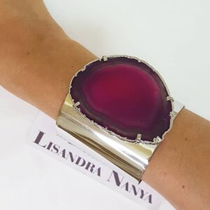 Bracelete Pedra Ágata Rosa Largo Aberto Metal Prateado Banho Galvânico