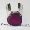 Bracelete Pedra Ágata Rosa Largo Aberto Metal Prateado Banho Galvânico
