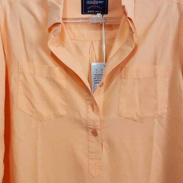 Camisa Feminina Tradicional Tencel Manga Longa Laranja Bolso Frontal