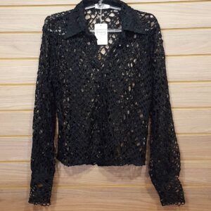 Camisa Feminina Tradicional 100% Algodão Renda Cor Preta Botões Encapados