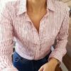Camisa Feminina Viscose Manga Longa Tradicional Rosa c/ Listras