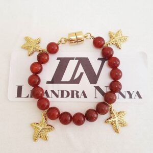 Pulseira Banho Ouro Bolinhas Pedra Citrino c/ Pingentes Estrelinhas