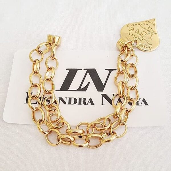 Pulseira Coração Escrito Banho Ouro Corrente Aço Elo Português