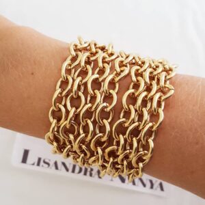 Pulseira Banho Ouro 7 Voltas Corrente Elo Cadeado-22 Fecho Ímã