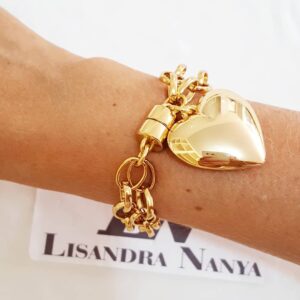 Pulseira Coração Gorducho Banho Ouro Corrente Aço Elo Português-23