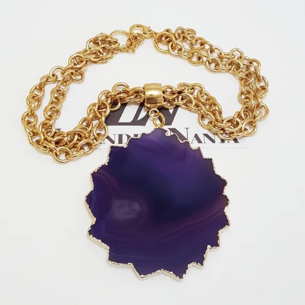 Colar Dourado elo Cadeado-22 2 Voltas Pedra Mineral Ágata Recortada Banho Lateral Colar Pedra Ágata Roxa Trabalhada Corrente Aço Banho Ouro Elo Cadeado-22