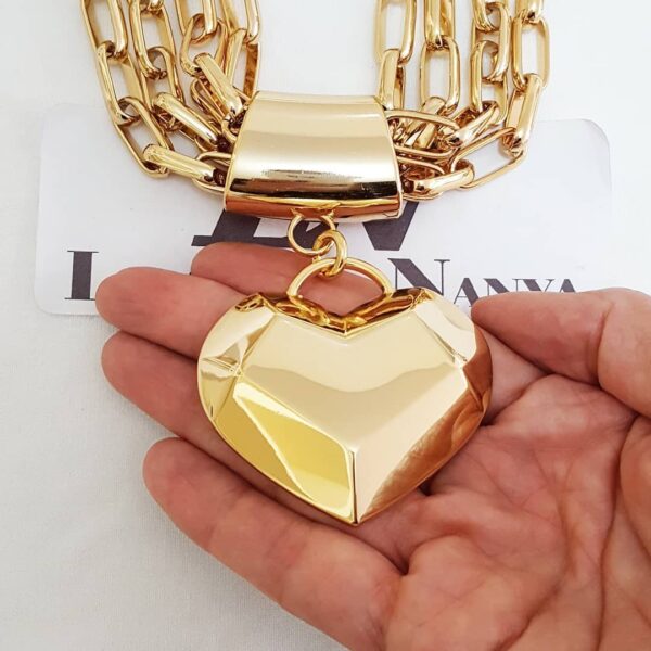 Conjunto Colar coração Geométrico + Pulseira Banho Ouro Elo Retangular-24