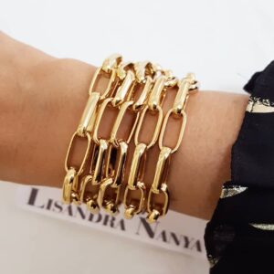 Pulseira 5 Voltas Banho Ouro Corrente Aço Elo Retangular-24