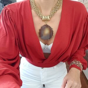 Colar Pedra Ágata Vermelha Trabalhada Corrente Aço Banho Ouro