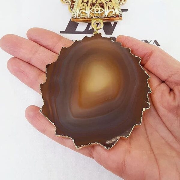 Colar Pedra Ágata Vermelha Trabalhada Corrente Aço Banho Ouro