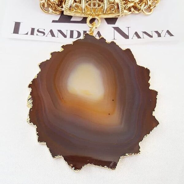 Colar Pedra Ágata Vermelha Trabalhada Corrente Aço Banho Ouro