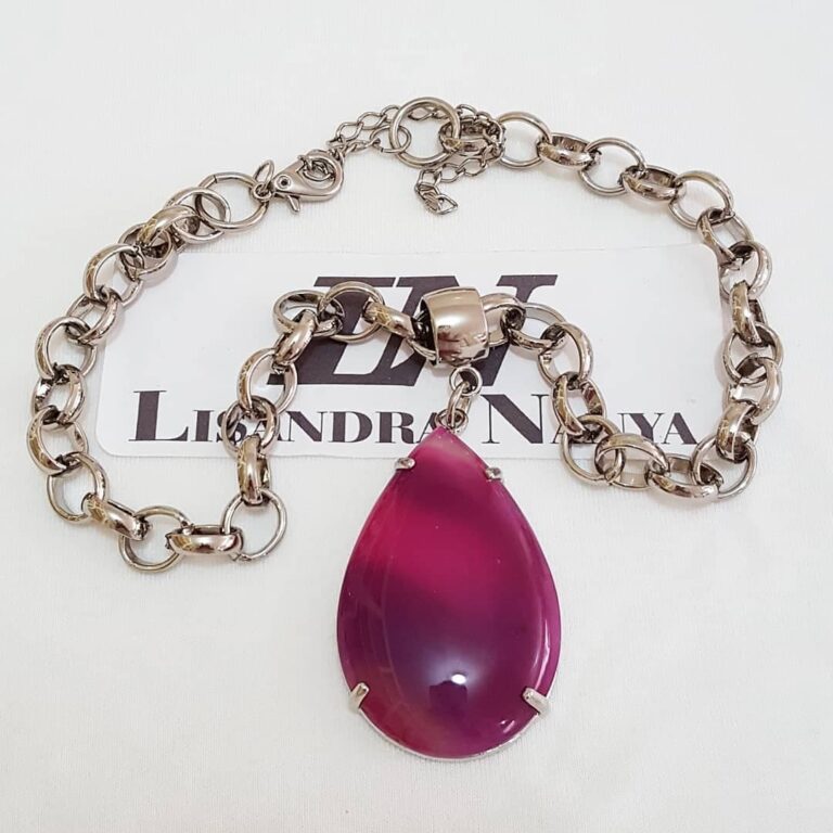 Colar Pedra Ágata Pink Corrente Aço Elo Português-145 Banho Galvânico