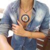Colar Tibetano Dourado Caquinho Azul 1 volta Elo Cadeado-22 Conjunto Colar Tibetano Caquinho Azul + Pulseira Elo Cadeado-22 Banho Ouro