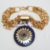 Colar Tibetano Dourado Curto 40cm 4 Voltas Elo Retangular-24 Pingente Azul Colar Tibetano Cerâmica Azul 4 Voltas Corrente Aço Banho Ouro Elo Retangular-24