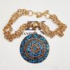 Colar Tibetano Cerâmica Azul Corrente Aço Banho Ouro Elo Português-106