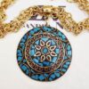 Colar Tibetano Cerâmica Azul Corrente Aço Banho Ouro Elo Português-106