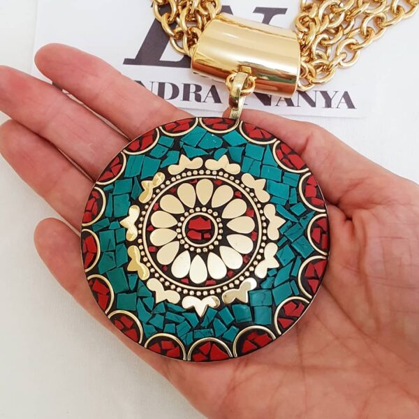 Colar Tibetano Cerâmica Turquesa e Vermelho Elo Cadeado-22 Banho Ouro